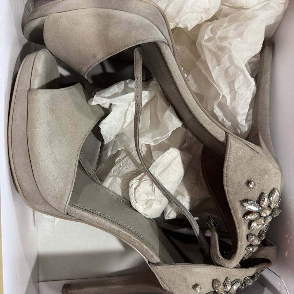 Gray Suede Heels with Crystal Embellishments